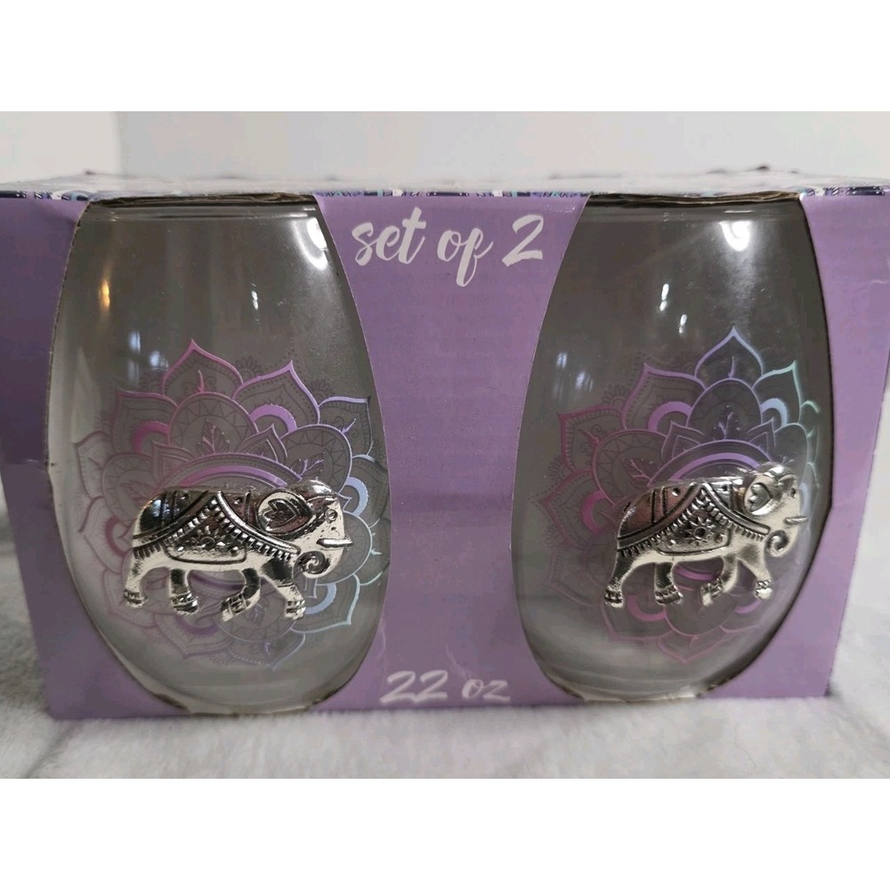 Set of‎ 2 Elephant Mandala Stemless Wine Glasses 22oz Boho Silver Charm New
